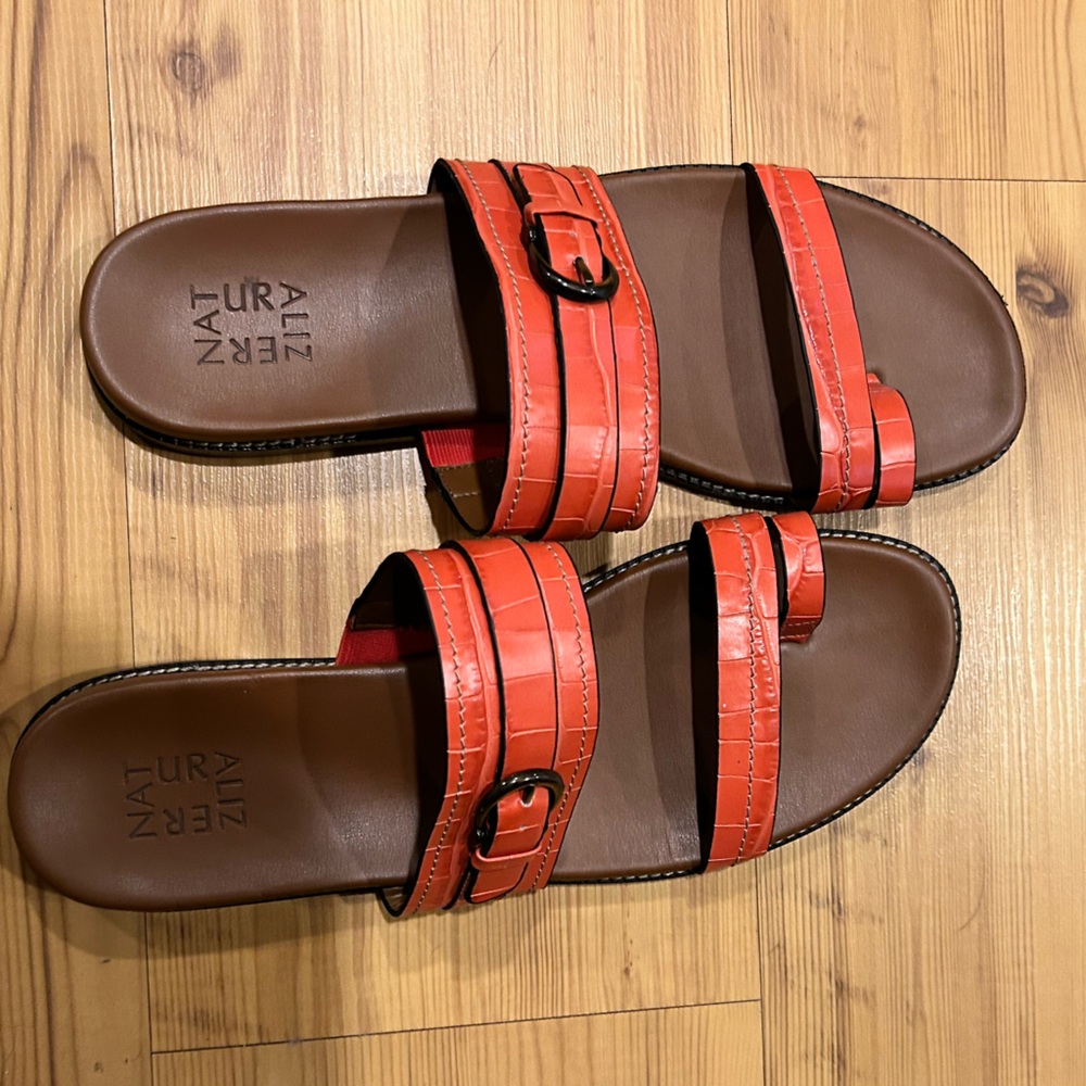 Coral Orange Croc-Embossed Slide Sandals